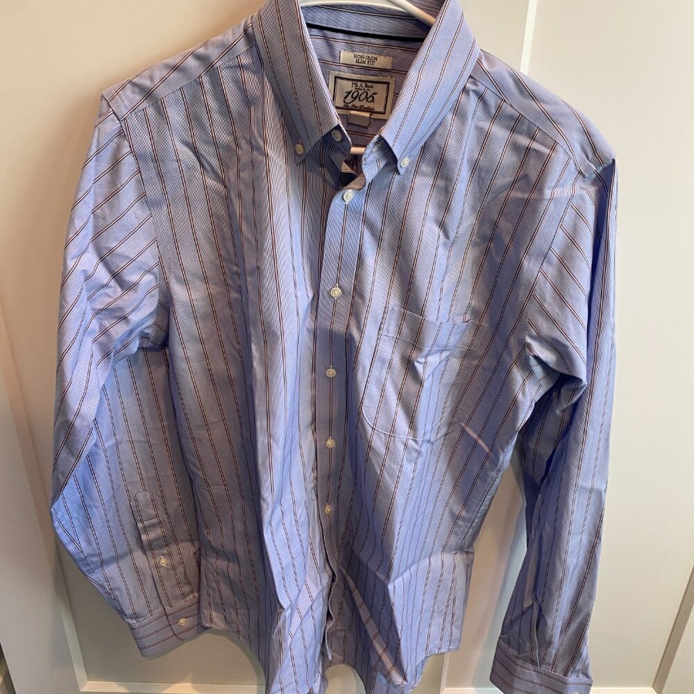 Jos A Bank Dress Shirt Mens 15.5 35 Button Down Non Iron Slim Fit Striped